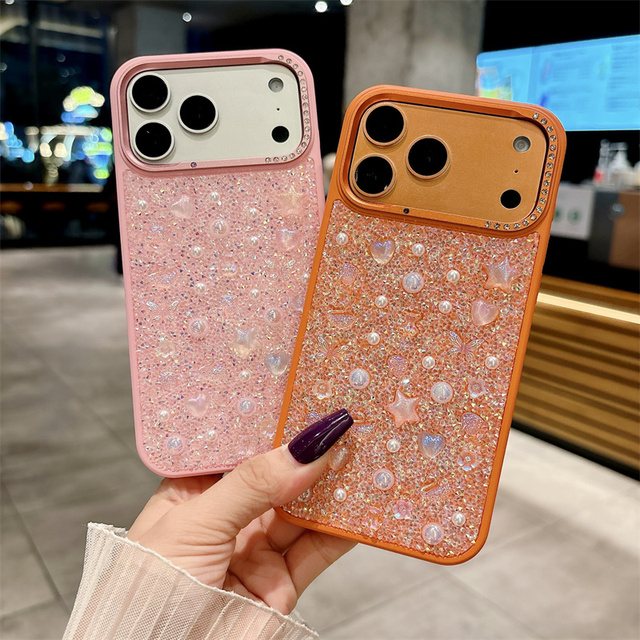 Luxury Diamond Flowers Tpu Glitter Phone case for iPhone 17 Air 16 15 14 Pro Max Butterfly DIY Pearl Bow clear Lens Back Cover