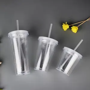 Custom 12oz 16oz 24oz Insulated Double Wall Travel Mugs Reusable Clear Plastic Cup With Straw Lid For Ice Coffee