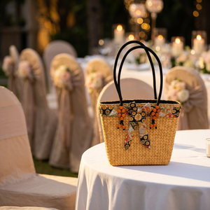 Bolso de mano bohemio de paja con lazo floral y cuentas, bolso de playa de verano para mujer - Product Image 4
