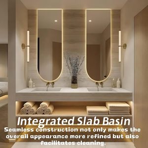 Mueble de Baño de Lujo Personalizado al por Mayor, Color Beige, Montado en la Pared, con Lavabo Doble, Estantes Abiertos y Espejo Ovalado LED Inteligente Antivaho - Product Image 5