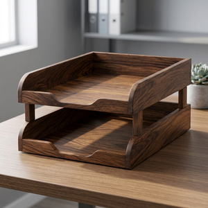 Acacia <b>Wood</b> <b>Letter</b> File Tray 32x24x8 cm Mid Century Modern Abstract Pattern Wholesale | Dark Walnut Brown Desk Organizer - Product Image 2