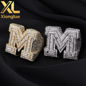 Custom Fashion Shiny Copper 18K Gold Plated <b>Initial</b> M Letter Micro Pave Baguette Zircon Hop <b>Ring</b> - Product Image 4