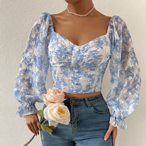 Top corto con maniche lunghe a sbuffo con stampa floreale Vintage da donna camicette eleganti in Chiffon Et Chemises Pour Femmes Top e camicette da donna - Product Image 1