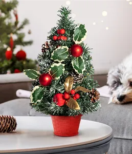 Kunstmatige Mini Kerstboom Voor Diy Vakantie Decor Kerstdecoratie Boom Tafelblad Set Met Rode Bes, Bal