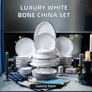 Juego de Platos y Tazones de Porcelana Blanca de Lujo con Diseño de Plantas y Borde Azul para Restaurante, Hotel y Hogar - Product Image 2