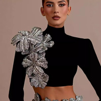 Ensemble Bandage Élégant Boutique Robes de Soirée Vêtements Femme Haut Col Roulé Manches Longues et Jupe Courte avec Fleurs Diamantées