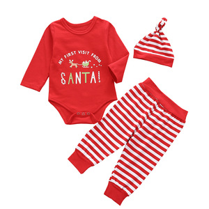 Compre Directamente de Fábrica en China el Conjunto Navideño para Niños: Suéter con Cuello Redondo y Estampado de Letras Rojas y Pantalones a Rayas - Product Image 1