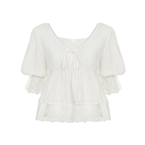 Chemise à manches courtes décontractée à col en V en dentelle écologique tricotée d'été avec détail de nœud devant et coupe ample - Product Image 6