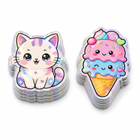 Autocollants personnalisés holographiques découpés à la forme, imperméables, autocollants mignons Kawaii, dessin animé, crème glacée, chat pour journal, bouteille, scrapbooking