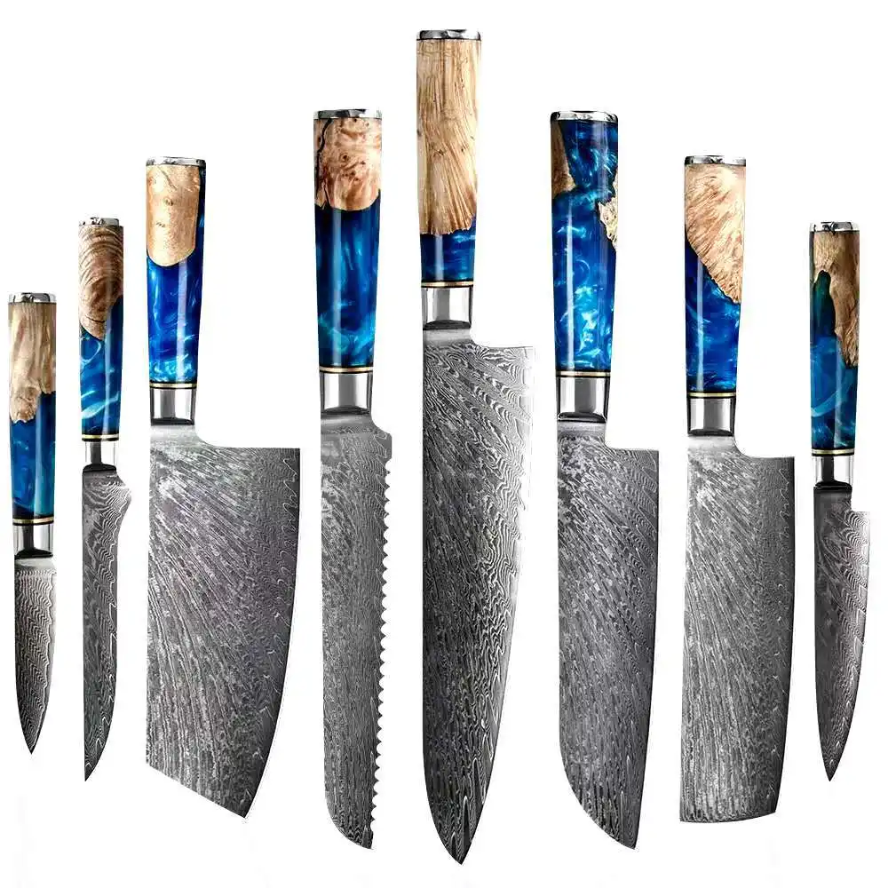 Sıcak satış lüks mavi reçine kolu şam çeliği bıçak şef pişirme VG10 67 katmanlar japon mutfak bıçakları şam bıçak seti