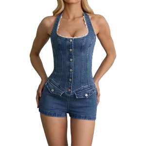 Mono vaquero personalizado 2026 para mujer, con cuello halter, sin espalda, pantalón corto, sexy, con botones frontales, de algodón. - Product Image 1