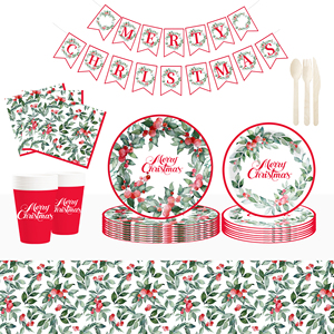 ชุดอุปกรณ์บนโต๊ะอาหารสำหรับงานเลี้ยงคริสต์มาส DAMAI แบบกำหนดเอง พร้อมลายใบไม้สีเขียว จานกระดาษ แก้วกระดาษ ผ้าเช็ดปาก ของตกแต่งแบบใช้แล้วทิ้ง - Product Image 1