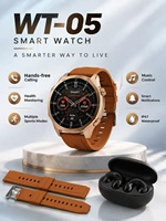 Montre connectée ronde WT-05 nouvelle génération avec fonction d'appel, alertes de messages, podomètre, surveillance de la fréquence cardiaque, écran TFT et écouteurs.