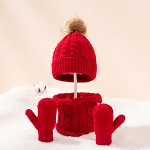 冬の暖かい毛皮のボールビーニーキャップミトンスカーフプレーンカラーベビーポンポングローブスカーフビーニーかぎ針編みの帽子セット