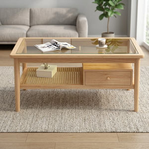 Mesa de Centro Moderna de Madera con Tapa de Vidrio Templado, Cajón de Almacenamiento, Diseño Escandinavo, Muebles para Sala de Estar - Product Image 2
