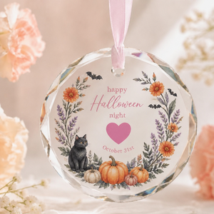 Joyeux Halloween : Ornement en verre cristal imprimé UV 8x8cm, citrouille <span class=keywords><strong>aquarelle</strong></span> et chat noir, décoration suspendue pour la maison ou cadeau - Product Image 1