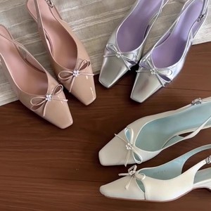Sandales élégantes à bout carré et talon bas épais avec nœud décoratif, bride arrière, doublure en cuir véritable, chaussures pour femmes - Product Image 1
