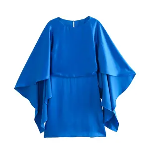 Back hollow out blue color crew neck silky casual fashion women satin mini dress