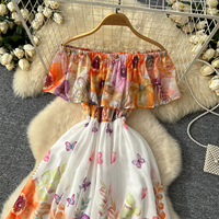 Robe longue décontractée en mousseline à imprimé floral et épaules dénudées pour femme, avec taille élastiquée et volants, coupe trapèze, idéale pour les vacances, la plage ou les soirées