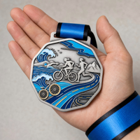 Médaille personnalisée en alliage de zinc moulé sous pression, couleur plaquée, ruban bleu, design octogonal pour événement de marathon