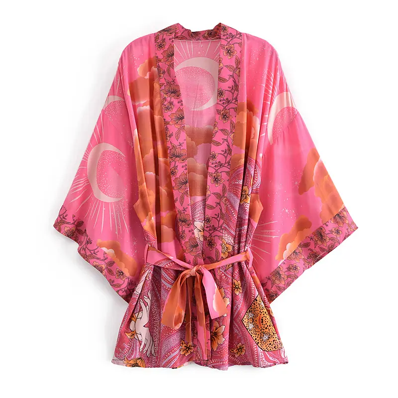 Fashion design moon printed pink kimono bohemian style women boho rayon clothing