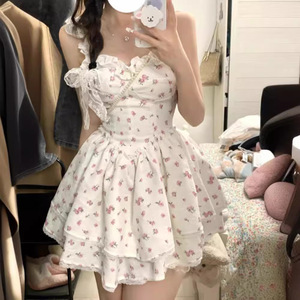 French Style White Floral Print Sundress Strapless Empire Waist Casual Dress For Women Daily Wear Summer Outfit - Product Image 4
