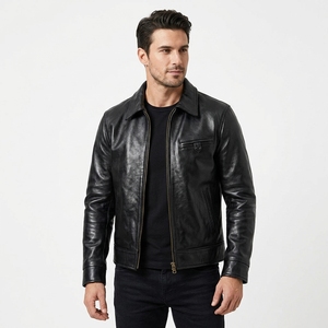 Blouson Bomber Homme en Cuir de Chèvre Pleine Fleur, Finition Mate Rétro, Huilé et Non Enduit, Faible MOQ, Fabrication OEM, Personnalisable, Noir - Product Image 1