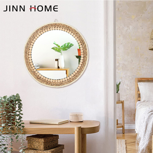 Jinn casa moderna parete rotonda specchio di vetro con struttura in legno tessitura decorazione per il <span class=keywords><strong>bagno</strong></span> - Product Image 6