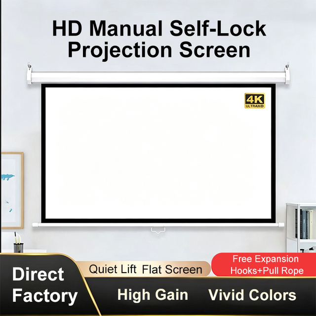 Hand Pulled Projector Screen Home Use 16:9 60 120 Inches Portable Motorized Projector Screen Adjustable Height Projector Screen.