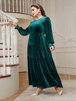 Robe longue en velours pour femmes grandes tailles, col rond, manches longues lanternes, volants superposés, robe de soirée longue HX6213