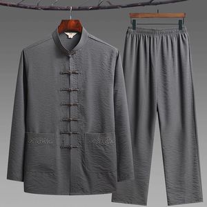 Ensemble de vêtements traditionnels <span class=keywords><strong>chinois</strong></span> pour <span class=keywords><strong>homme</strong></span>, chemise Kung Fu à boucle, haut et pantalon rétro oriental, uniformes respirants Tai Chi Hanfu - Product Image 3