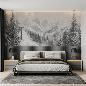 Carta <span class=keywords><strong>da</strong></span> Parati Murale con Paesaggio Atmosferico di Montagne Innevate e Design con Teleferica per Decorazione di Interni di Casa, Camera <span class=keywords><strong>da</strong></span> Letto e Hotel - Product Image 5
