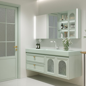 <b>Large</b> unit pink rock slab seamless ceramic basin intelligent <b>mirror</b> wall hanging bathroom cabinet - Product Image 2