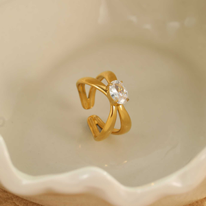 แหวนไทเทเนียมดีไซน์เฉพาะกลุ่มสไตล์ยุโรปและอเมริกา ไม่ลอก ไม่ดำ ชุบทอง 18K ประดับเพชรซิร์คอน แหวนสแตนเลส - Product Image 5