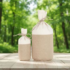Cotton and Jute Woven Drawstring <b>Bag</b> with Tied Opening-Recyclable Gift Packaging for Grains and Dry Goods Screen Printed - Product Image 1
