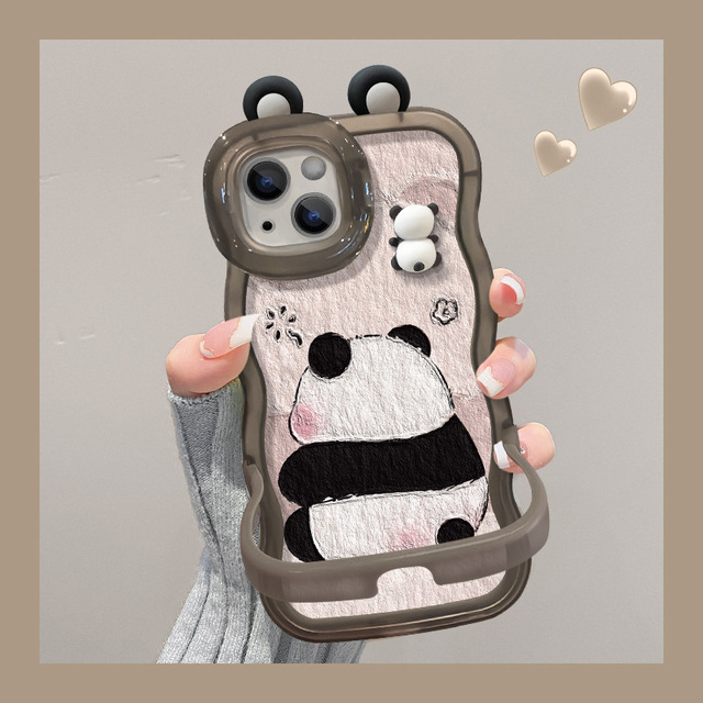 Cartoon Lovely Panda Ear Doll Invisible Holder for Iphone 16 15 14 13 12 Pro Max Silicone Wave Edge Shockproof Phone Cover Case