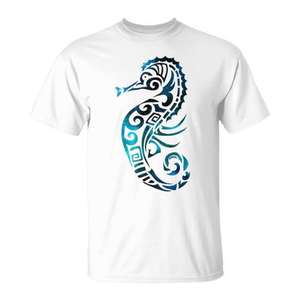 Camiseta con diseño de caballito de mar, color turquesa, con estampado de arte tribal, unisex, para adultos, cuello redondo, manga corta, impresión digital - Product Image 1