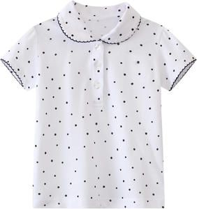 Polos à manches courtes pour filles, en coton, imprimé à pois, hauts d'école, t-shirts pour enfants, polos avec poignets ondulés pour l'école et le quotidien - Product Image 3