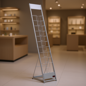 Présentoir portable en métal argenté à 10 poches pour brochures, support de sol pour magazines, documentation, journaux et catalogues - Product Image 2