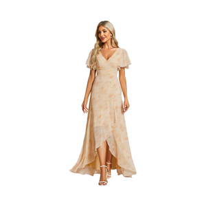 Abito da sposa digitale da donna in chiffon fluido, lungo, asimmetrico, a maniche corte, con scollo a V e spacco, a vita naturale, <span class=keywords><strong>chic</strong></span>, estivo - Product Image 1