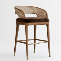 Chaise de salle à manger en bois massif et rotin, tabouret de bar rembourré de style mid-century pour restaurant et café