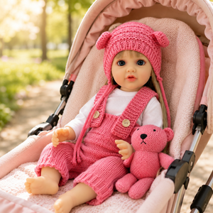 BAkwbwBY Muñeca <span class=keywords><strong>Reborn</strong></span> 22 Pulgadas Caucásica Cabello Liso Conjunto Tejido Rosa Gorro de Oso Realista Suave OEM Mayorista - Product Image 1