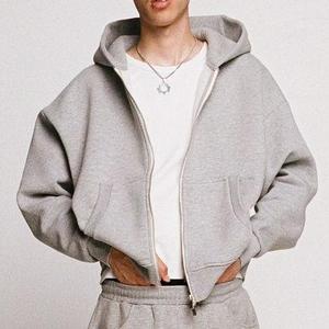 Sweat à capuche zippé court pour homme, 100% coton molletonné épais, coupe ample, double couche, effet vieilli vintage, style streetwear - Product Image 1