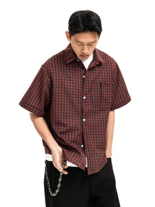 <span class=keywords><strong>Chemise</strong></span> pour homme à manches courtes, coupe ample, style vintage, en mélange polyester/coton anti-rétrécissement 160 g/m², à <span class=keywords><strong>carreaux</strong></span> rouges <span class=keywords><strong>et</strong></span> bleus, avec logo personnalisé OEM - Product Image 2