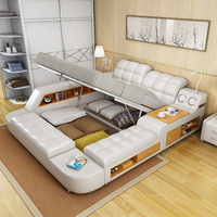 Lit multifonctionnel de style américain Espace de rangement pour la musique moderne Lit en cuir Lit de luxe à lumière LED avec table élévatrice pour ordinateur