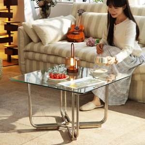 Mesa de Centro de Vidrio Vintage para Sala de Estar, Mesa Auxiliar Minimalista Color Crema, <span class=keywords><strong>Escritorio</strong></span> de Lujo para Apartamentos Pequeños - Product Image 4