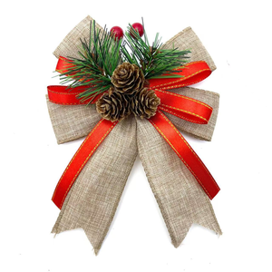 Ornamen Pita Natal Motif Kotak-kotak Buffalo dari Kain Goni dengan Hiasan Buah Pinus, Jarum Pinus, dan Berry Merah untuk Karangan Bunga Natal, Pohon Natal, dan Pita Hadiah Natal - Product Image 6