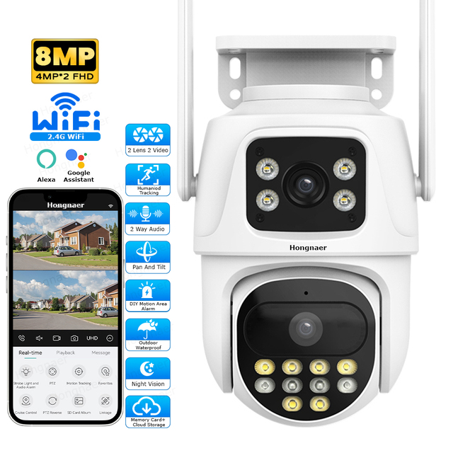 Hongnaer ICSee 8MP 4K Surveillance IP CCTV WiFi Security Camera With Color Night Vision Dual Lens PTZ for Outdoor Home and Shop
