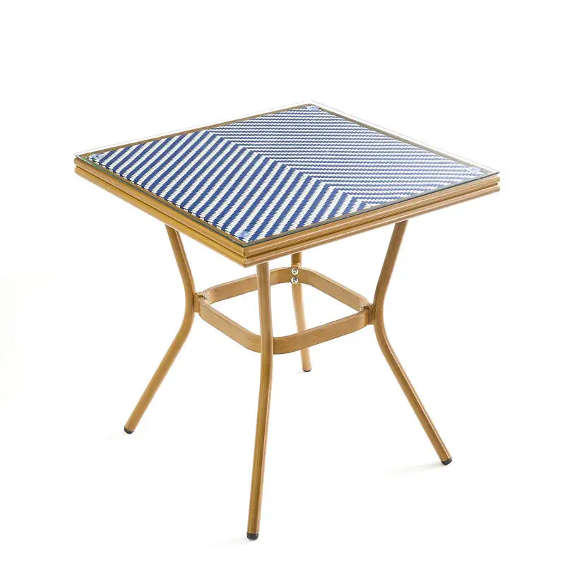 Hiện đại màu xanh và trắng teslin lưới vải bàn ăn đồ nội thất ngoài trời nhôm bảng vuông được sử dụng trong sân biệt thự