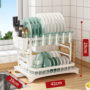 Giá để bát đĩa 2 tầng lớn, có khay hứng nước, chất liệu thép không gỉ, kèm giá để dụng cụ - Product Image 2